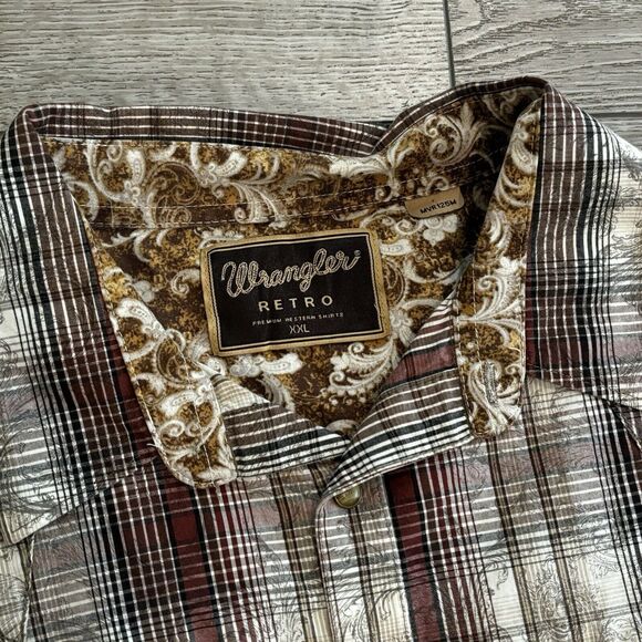 Wrangler Retro Pearl Snap Long Sleeve Western Shirt Brown Size Mens 2XL XXL Flaw - Picture 4 of 10